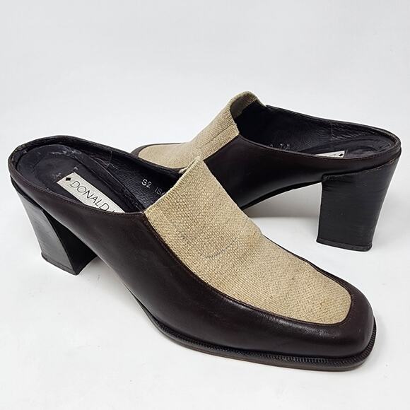 Donald J. Pliner Mules Women 7.5M ISA Brown Leather and Tan Fabric Block Heel - Picture 2 of 10